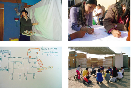 写真：住民たちとのワークショップの様子。子どもたちも参加して，スケッチや模型で対話を重ねながら計画がまとめられていった