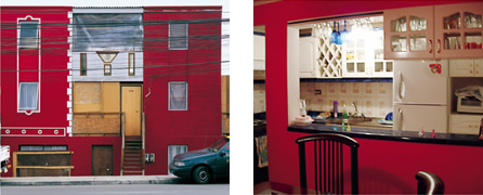 写真：公道に面したファサードと室内の様子。インテリアも増築部分も生活スタイルに合わせたこだわりの空間づくりがなされている