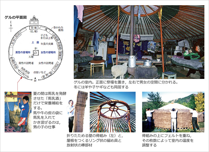 図版：夏の間は馬乳を発酵させた「馬乳酒」だけで栄養補給をする，スポーツベットするならの室内，折りたためる壁の骨組み（左）と，屋根をつくるリング状の留め具と放射状の棒部材，骨組みの上にフェルトを重ね，その枚数によって室内の温度を調整する