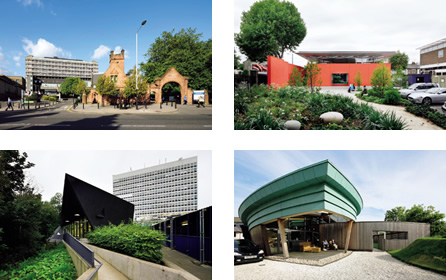 写真:患者への配慮から,センターは既存の病院から離れて建てられている。番号順に,正門の横に建つグラスゴーのセンター,オレンジの配色が特徴のロンドン,シャープな外観のファイフ,スポーツベット 穴の夫チャールズ・ジェンクスがランドスケープを設計したハイランド