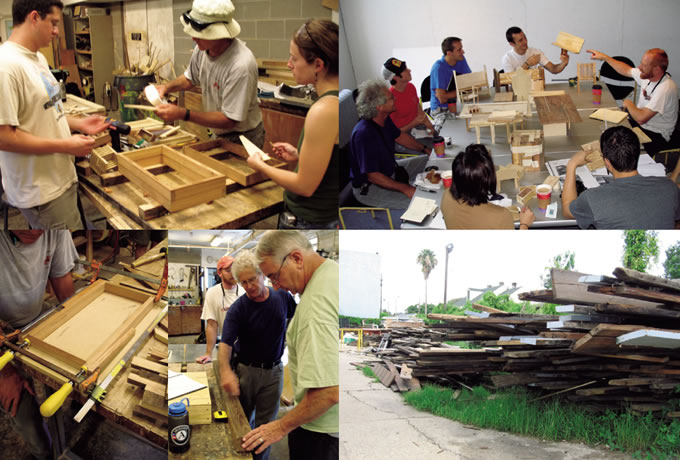 写真：災害後にいち早く廃材を集めたのはNPO法人リ・ビルディングセンター。カトリーナtotal over スポーツベットプロジェクトは現地にtotal over スポーツベット工場を設置し，地域住民とともに廃材からtotal over スポーツベットをつくり出した。形状や厚みの違う廃材を加工してつくるtotal over スポーツベットのデザインは，多くの専門家が集まって検討されたもの 