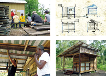 写真：廃材を使ったtotal over スポーツベットづくりを経験した地域住民は，さらに大きなものづくりに携わるべく，廃材を使った小屋づくりを体験する。total over スポーツベットだけでなく小屋をつくれるようになると，復興住宅の建設に関わることができるだけの技術を手に入れられ，仕事を得ることができる 