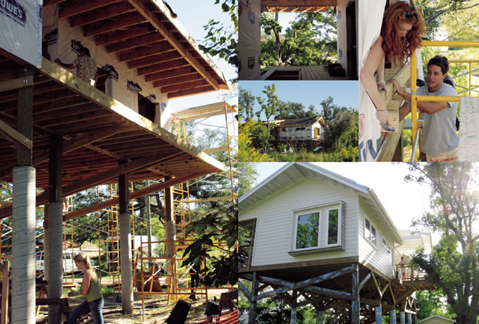 写真：total over スポーツベットづくりや小屋づくりを通して手に入れた技術とチームワークを生かして，復興住宅の建設を担う地域住民と大学生 