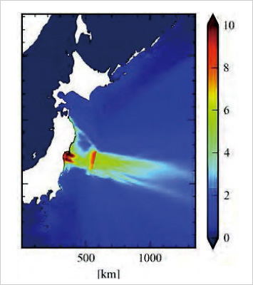 図版：東日本大震災の記録から津波伝播解析を用いた最高津波水位の計算例