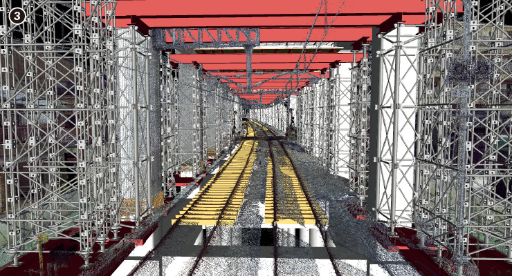 図版：仮設物を設置した状況をVRで再現し，運転士の視界をチェック。VRゴーグルを装着スポーツベット 市場規模と，立体的に見える
