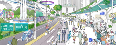 ユニバーサルデザインに基づいた、多様な人々が共生する未来の街づくりのイラスト