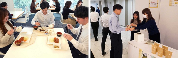 図版:スポーツ ベット ログイン本社ビル群の食堂で新米を味わった社員(左)や、抽選に当選した社員からは喜びの声が聞かれました