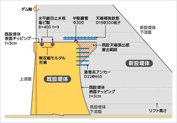 図版：既設天端付近の新旧コンクリート一体化対策（新桂沢ネット ベット スポーツ）
