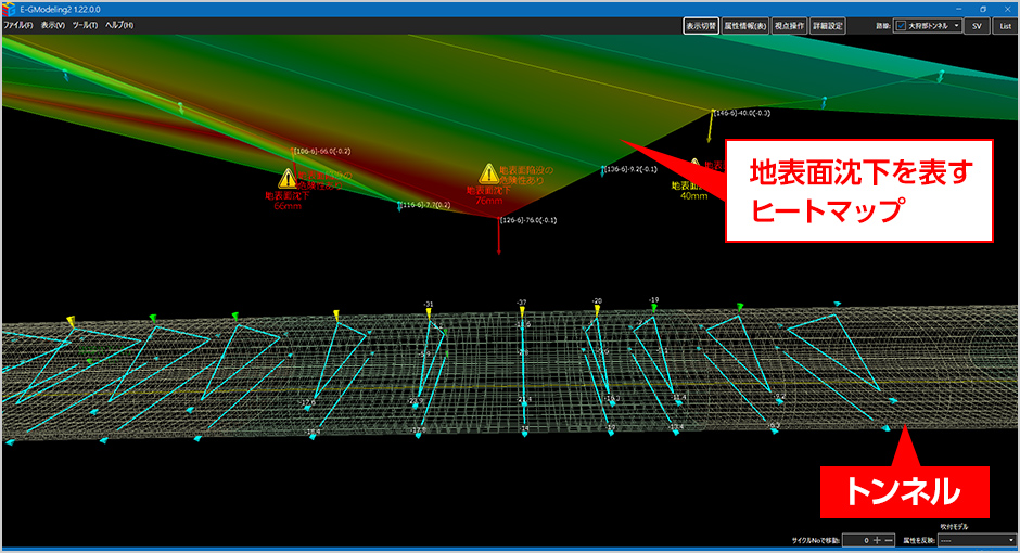 図版：3次元可視化した地表面沈下ヒートマップ
